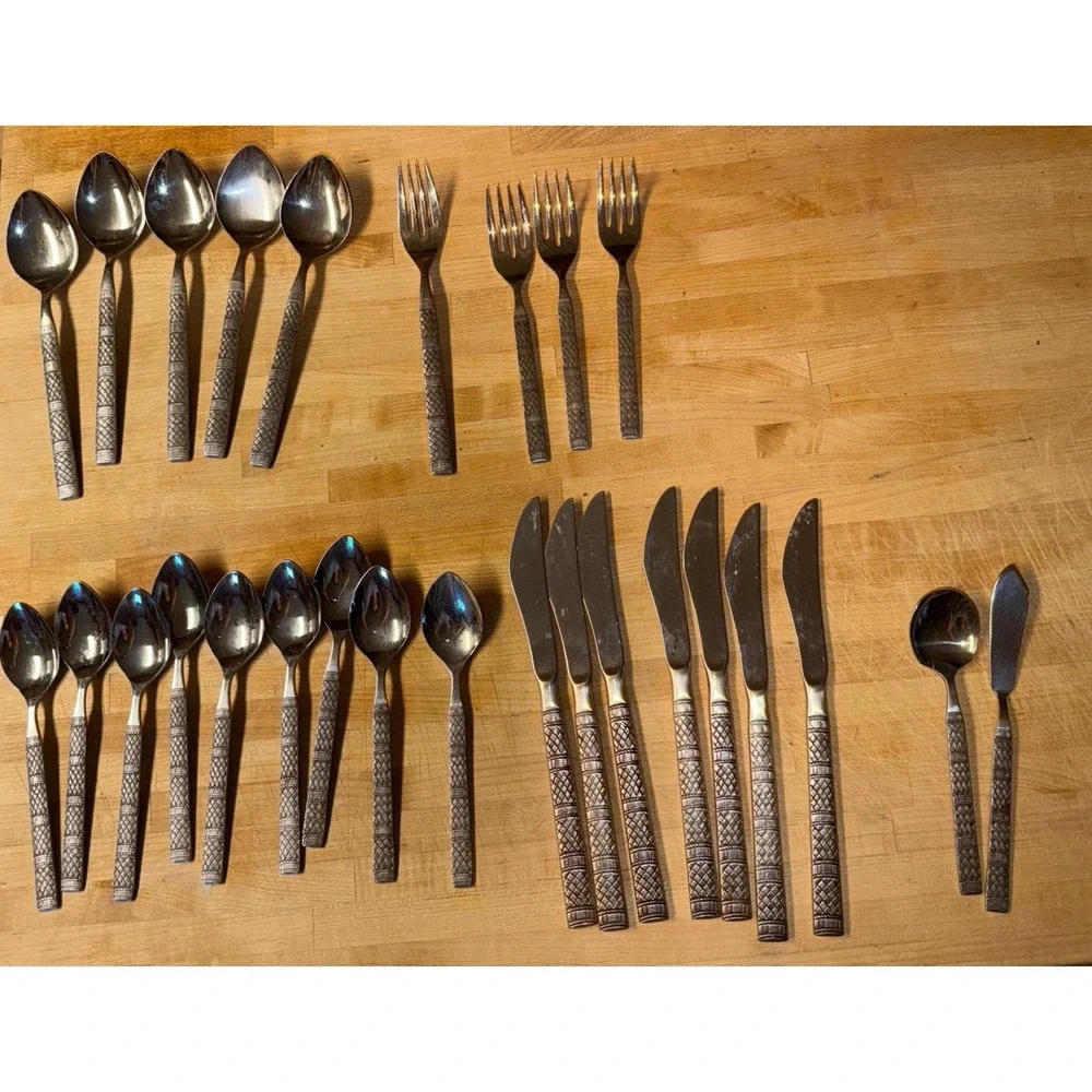 National Stainless TRACERY Basketweave Flatware Japan Silverware MCM 27 Pieces